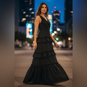 Adrianna Papell Black Tiered Ruffle Maxi Dress Size 8 NWT Formal Evening
